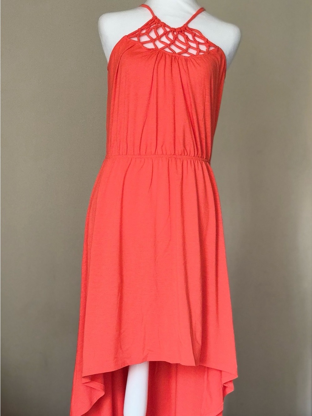 Orange Halter High-Low Dress with Lattice Detail